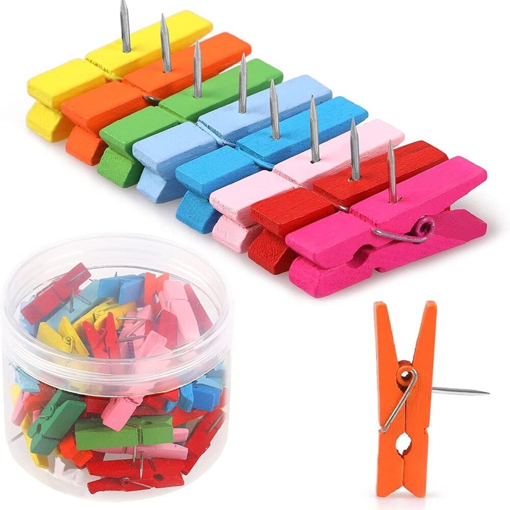 50 PCS Colorful Push Pin with Wooden Clips, Durab, Decorative Pushpins Tacks Thu